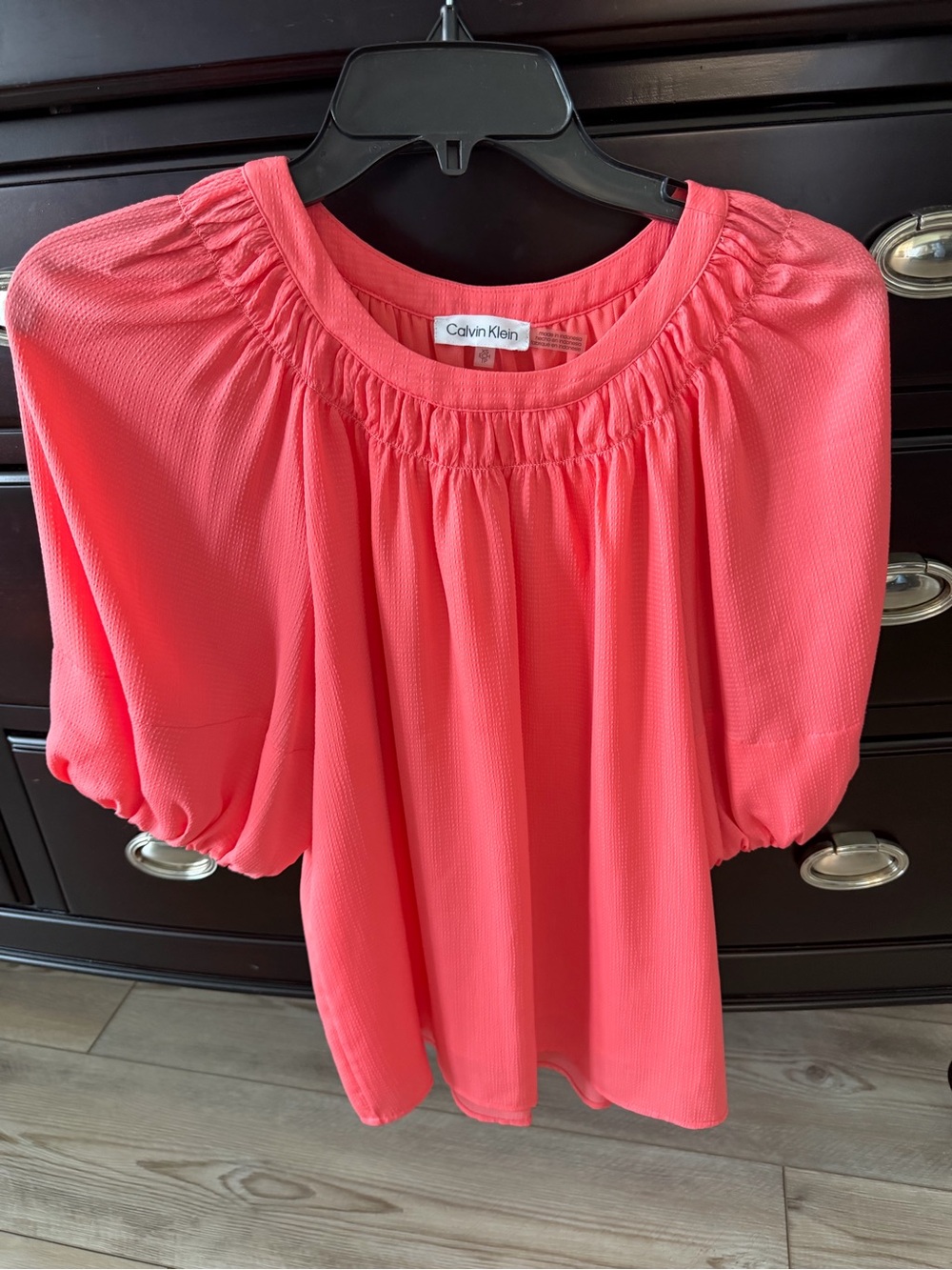 Calvin Klein Coral Pink Smocked Neck Bubble Sleeve Blouse